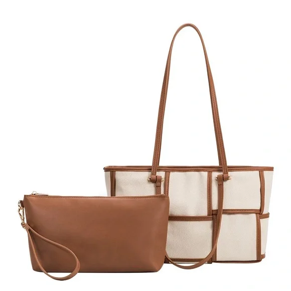 Melie Bianco Recycled Vegan Tote Bag in Tan & Cream - Picture 3 of 10